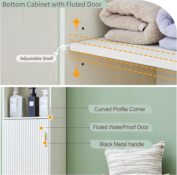 Bifins 68" Tall Bathroom Storage Cabinet,Narrow Fluted Tower Cabinet with Door and Shelves,Slim Space Saving Storage Unit for Bathroom Kitchen Living Room (White, 11.8" D x 15.75" W x 68" H) | Narrow,Fluted Door,Adjustable Shelf,5 Tier,Next to Toilet,N...