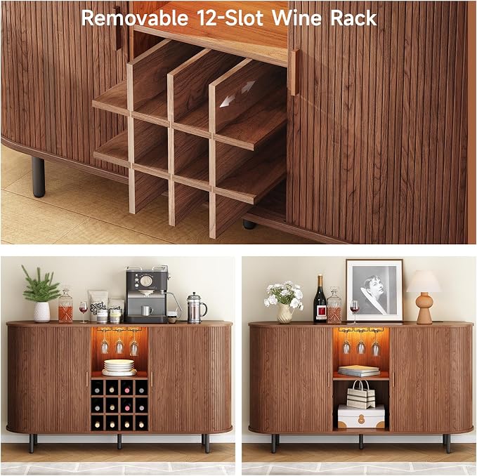 ONBRILL 63" Fluted Wine Bar Cabinet with LED Light Walnut