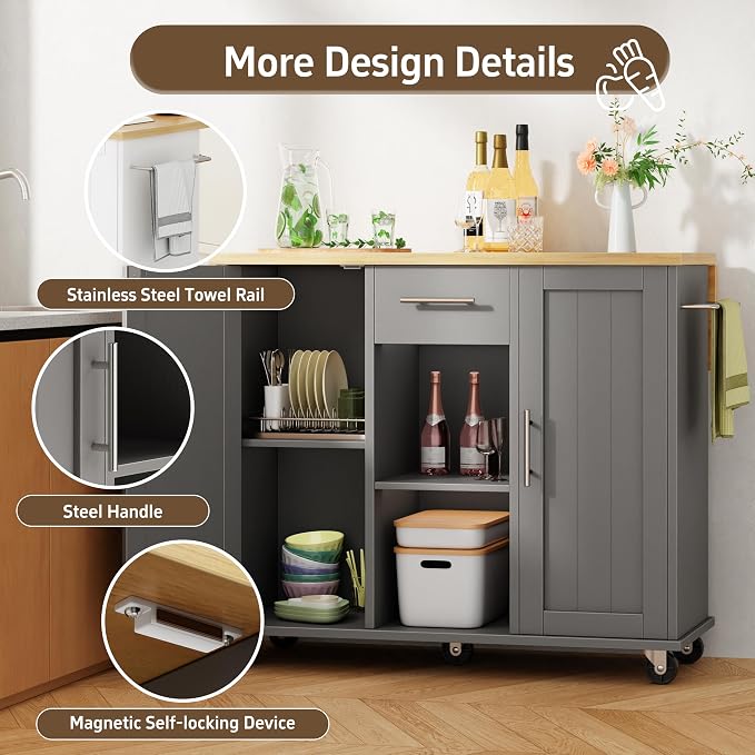 Shintenchi Kitchen Island with Storage, Bar Cart Cabinet Island Table on Wheels, Rolling Microwave Cart for Kitchen with Drop Leaf, Drawers, Towel Rack, Seating Area for Dining Room, Gray