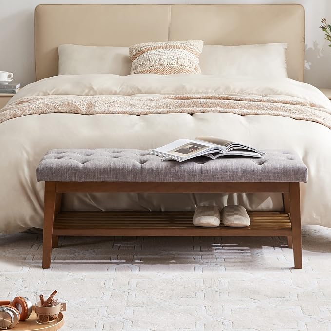 HUIMO Upholstered Entryway Shoe Bench, Button Tufted End of Bed Bench, Grey