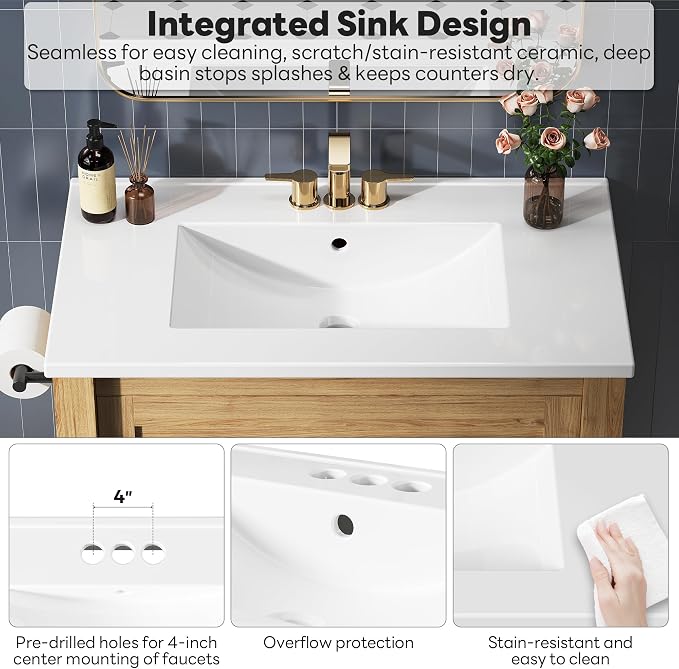 LIKIMIO 30 Inch Bathroom Vanity with Sink, Adjustable Solid Wood Legs | Modern Bathroom Storage Cabinet with Towel Holder, Tip-Out Drawer, 2 Drawers & Adjustable Shelf, Nature