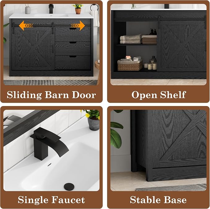 48" Farmhouse Bathroom Vanity with Sink & Faucet & Mirror, Wood Grain Black | Sliding Barn Door, 3 Handleless Drawers, Single Vanity Combo for Small Space
