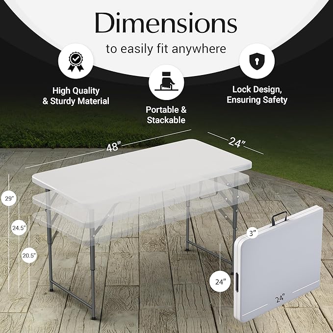 2 PACK of 4 Feet Foldable Table with Built in Handle & Steel Legs | 4 Foot Heavy Duty Portable | Perfect for Party, Dining, Wedding, Events, Picnic Indoor, Outdoor, Camping, Temporary