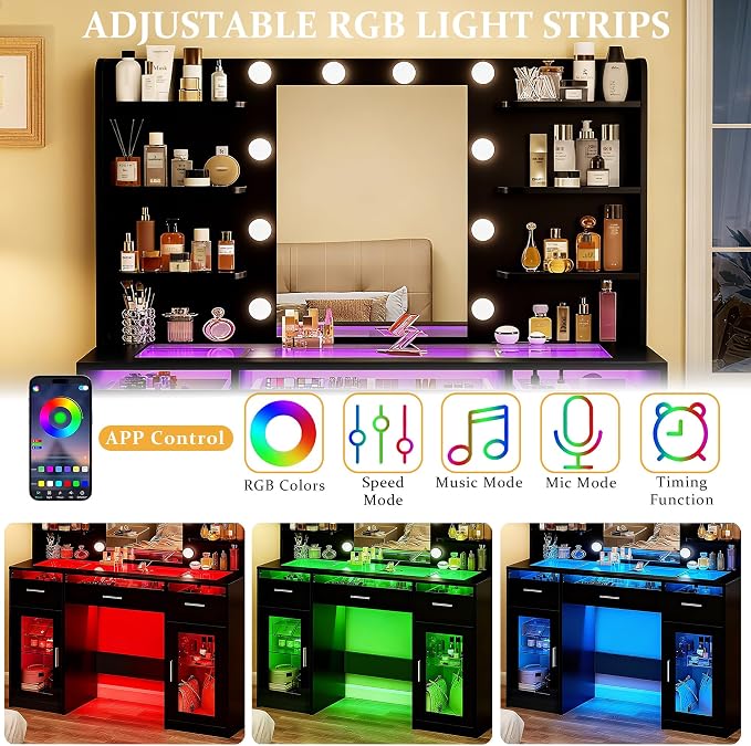 HUAHUU Vanity Desk, Makeup Vanity Desk with Mirror and Lights 3 Colors, Transparent Top with 3 RGB Drawers, 6 Shelves, 2 Large Tempered Cabinets, Power Outlet, for Bedroom, Black