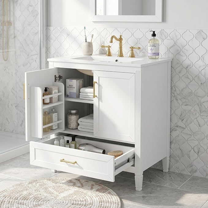 Merax 30" Bathroom Vanity with Undermount Ceramic Sink, Cabinet with Two Door Rack Shelves and One Drawer, Soft Closing Doors, White