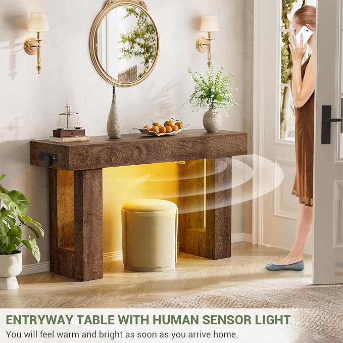 Unikito 47" Entryway Table with Socket & Sensor Light, Rustic Oak