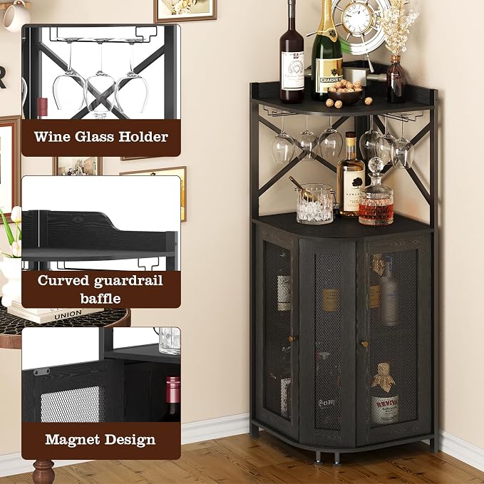 JKsmart 4-Tier Corner Bar Cabinet with LED Light and Glass Holder, Mini Bar