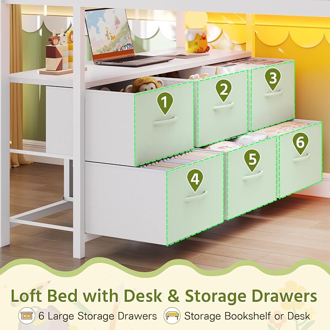 Dnxao Low Loft Bed Twin Size with 9 Storage Drawers and Desk for Kids,White