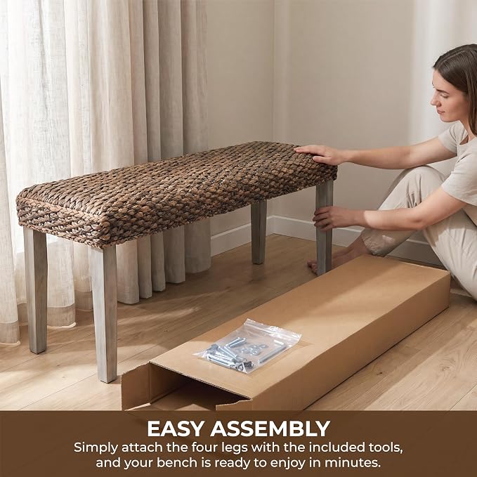 Solid Acacia Wood Bench with Natural Woven Water Hyacinth Seat, Grey Leg