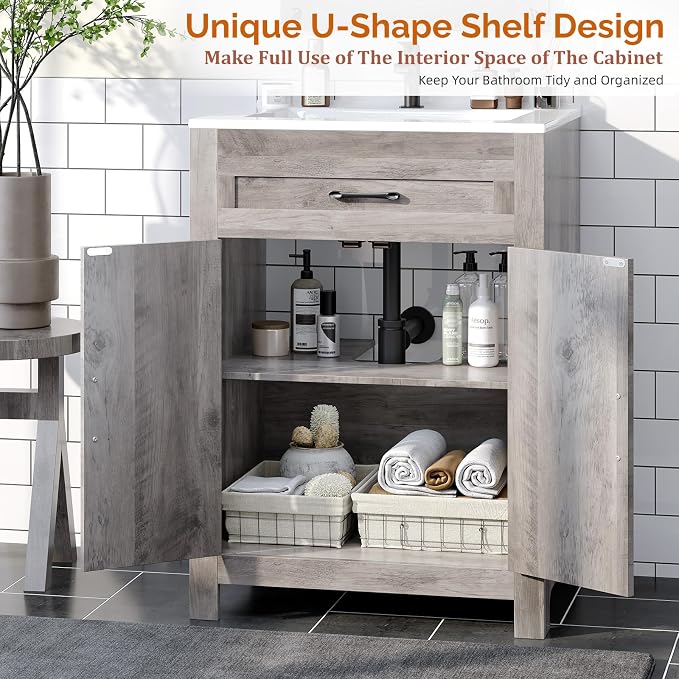 VINGLI 24" Farmhouse Bathroom Vanity with Sink, Undermount Vanity Sink Cabinet with Barn Door &Shelf,Free Standing Small Bathroom Storage Cabinet with Single Hole Ceramic Basin Combo Set,Washed Gray