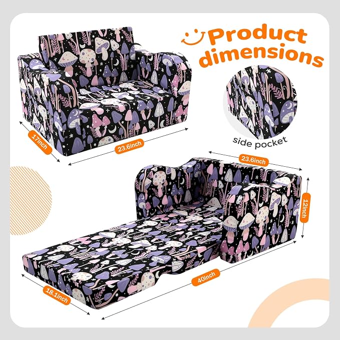 MeMoreCool Kids Couch, Fold Out Sofa Chair with Side Pocket, Mushroom Print