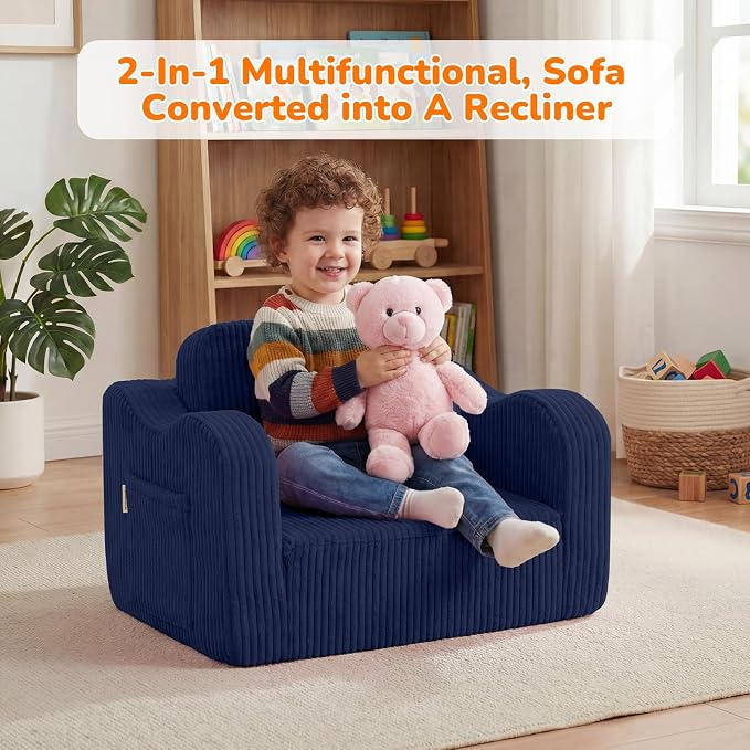 MeMoreCool Kids Couch, 2-in-1 Corduroy Foldable Sofa Chair, Navy Blue