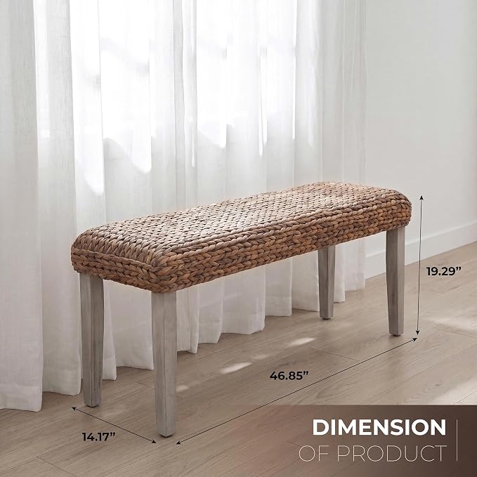 Solid Wood Acacia Indoor Bench, Natural Woven Water Hyacinth Seat, Grey Leg