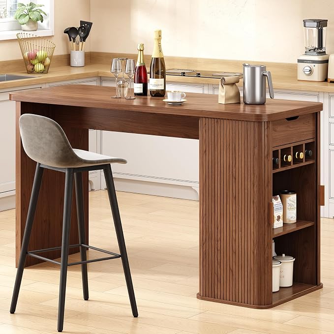 ONBRILL 59 Inch Kitchen Island with Storage, Fluted Counter Height Table, Mid-Century Modern Kitchen Island Table with Sliding Door, Home Bar Tables with Wine Rack and Drawers Walnut