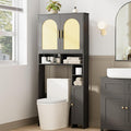 Homhedy Wooden Over The Toilet Storage Cabinet, Natural and Black | Bathroom Organizer with Rattan Decorated Doors, Adjustable Shelves, Toilet Paper Holder, for Small Spaces