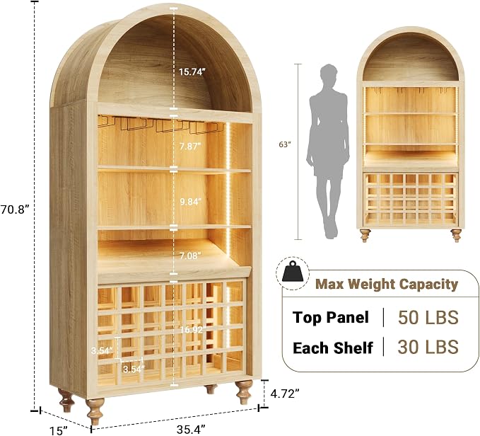 Arched Wine Bar Cabinet with LED Lights, 71" Tall Liquor Cabinets with 4 Glasses Holders & Wine Rack, Alcohol Display Storage Cabinet for Living Room, Kitchen Pantry, Dining Room (Natural Oak)