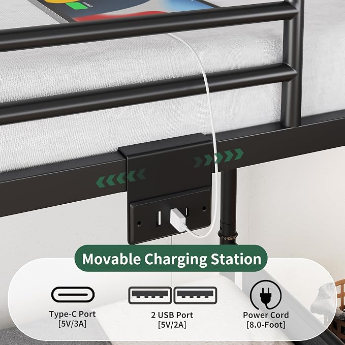 Jocoevol Metal LED Bunk Bed Twin Over Twin with 2 Storage Drawers, USB Charging Station, Industrial Bunkbeds Heavy Duty Bed with Safety Guardrail and Ladder, No Box Spring Needed, Black