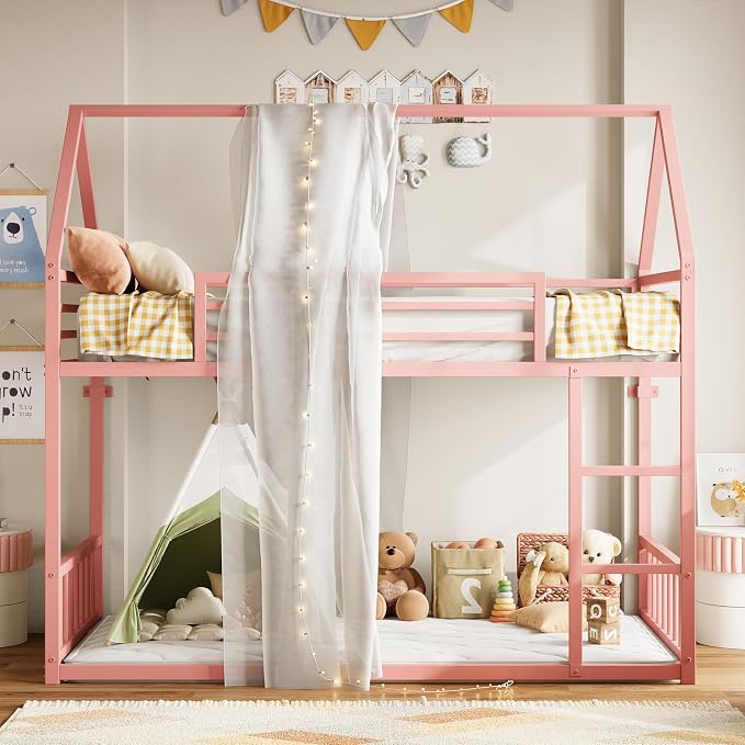 LIKIMIO Bunk Bed Twin Over Twin, House Bunk Bed Frame with Ladder, Pink