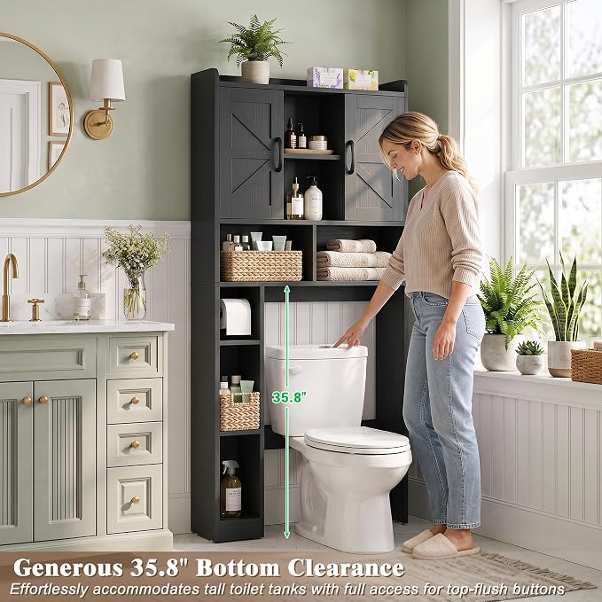 Farmhouse Over The Toilet Storage Cabinet with Barn Door, Reversible Side | 7-Tier Bathroom Organizer, Adjustable Shelves Bottom Bar, Detachable Paper Holder, Anti-Tipping, Laundry Room, Black
