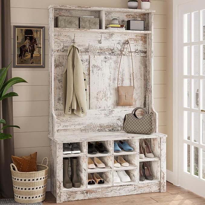 Itaar Hall Tree, Storage Bench, Shoe Rack for Entryway, Hall Tree with Bench and Adjustable Shoe Storage, Vintage White