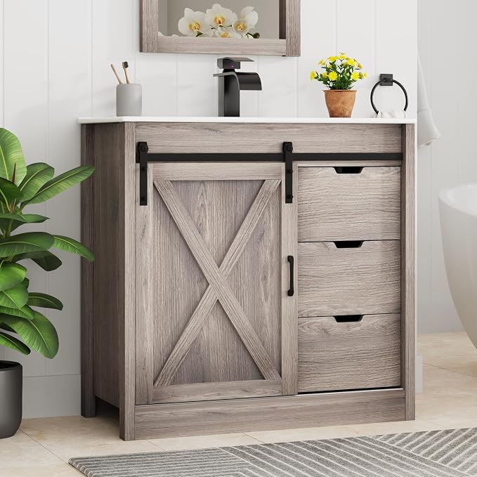 chartustriable 36 Inch Bathroom Vanity with Sink & Faucet & Mirror, Farmhouse Bathroom Vanity Cabinet Set with Sliding Barn Door & Drawers, Small Single Bath Storage Vanity Sink, Grey