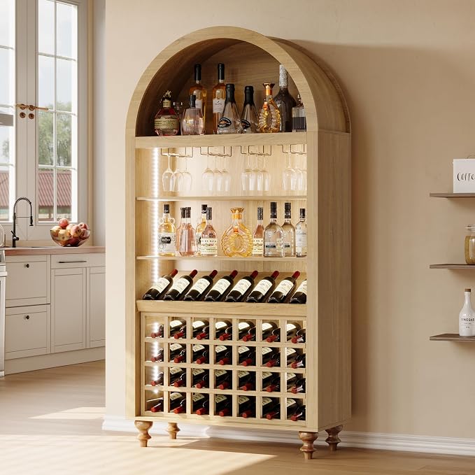 Arched Wine Bar Cabinet with LED Lights, 71" Tall Liquor Cabinets with 4 Glasses Holders & Wine Rack, Alcohol Display Storage Cabinet for Living Room, Kitchen Pantry, Dining Room (Natural Oak)