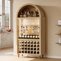 Arched Wine Bar Cabinet with LED Lights, 71" Tall Liquor Cabinets with 4 Glasses Holders & Wine Rack, Alcohol Display Storage Cabinet for Living Room, Kitchen Pantry, Dining Room (Natural Oak)