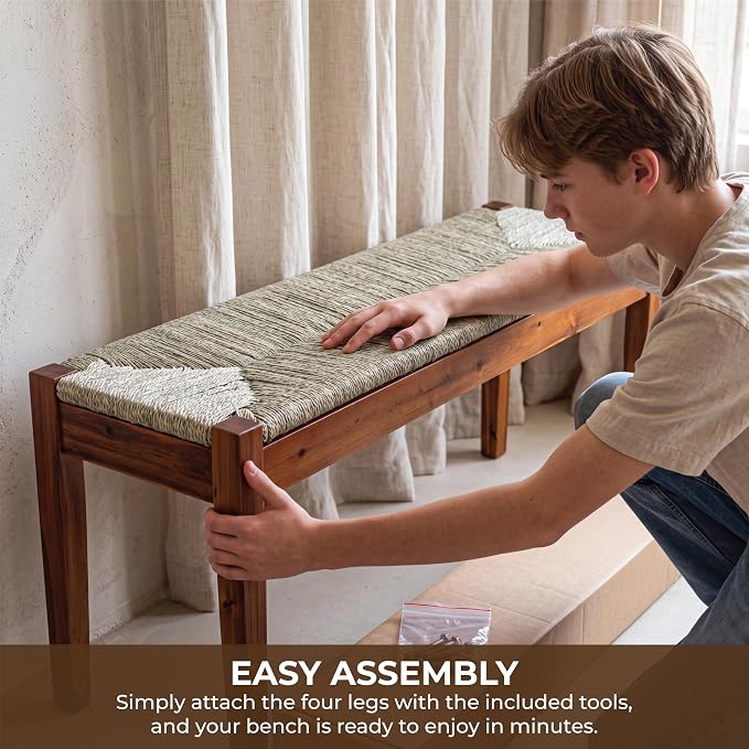 46-Inch Acacia Wood Bench with Natural Seagrass Woven Seat, Indoor Bench