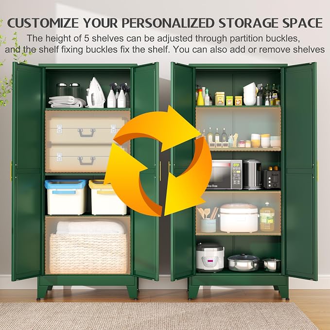 GAIOUS 75.2" Tall Kitchen Food Pantry, Metal Pantry Cabinet with 2 Door | and 5 Adjustable Shelves, Green Laundry Room Cabinets, Freestanding Pantry for Kitchen, Study Room, Dining Room and Entryway