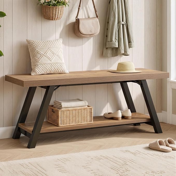 LVB Entryway Bench with Storage, Wood Bench for Entryway, 47 in