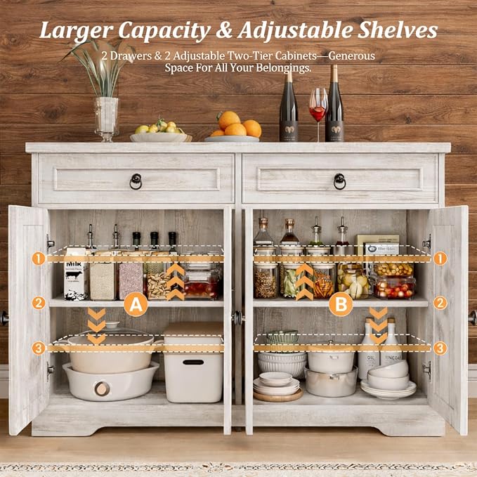 43.3" Sideboard Buffet Cabinet, 4-Door Coffee Bar, Vintage White