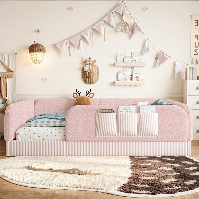 Bellemave Queen Upholstered Montessori Floor Bed with Storage Pocket,Pink
