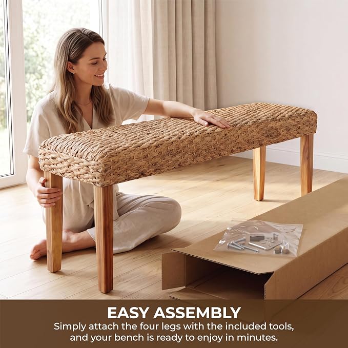 Indoor Wicker Bench 47" Solid Wood Acacia & Natural Woven Seat, Natural Leg