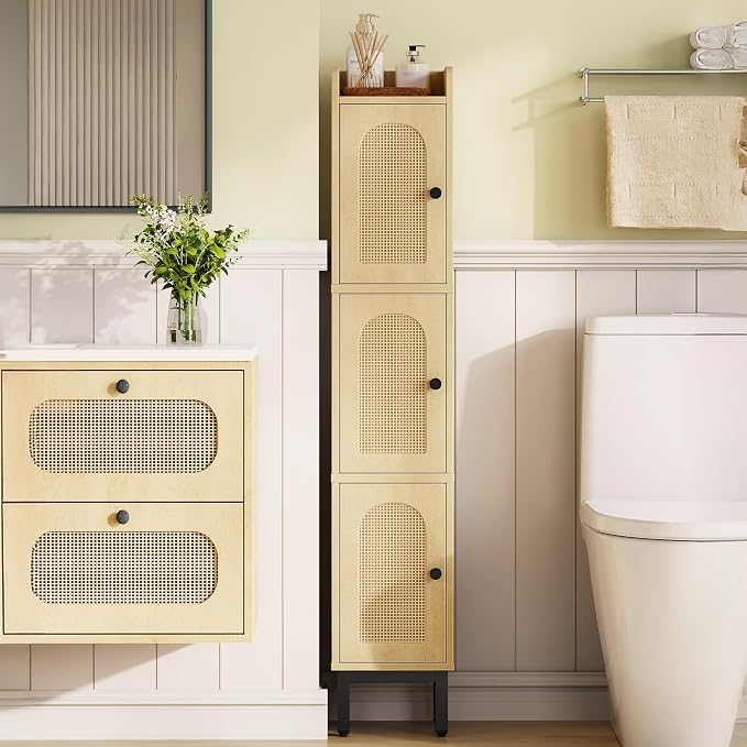 Hzuaneri Slim Bathroom Storage Cabinet, Narrow Bathroom Organizers,3 Doors | Narrow Storage Cabinet with 4 Adjustable Feet, Laundry Room Organization for Small Space, Kitchen,Living Room,Rattan Yellow