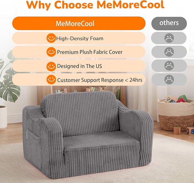 MeMoreCool Kids Chair, 2-in-1 Corduroy Fold Out Sofa, Foam Seat, Light Grey