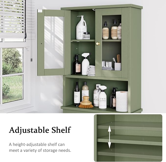 Over the Toilet Storage Cabinet for Bathroom, Storage Organizer Over Toilet, Space Saver with Tempered Glass Doors, Green