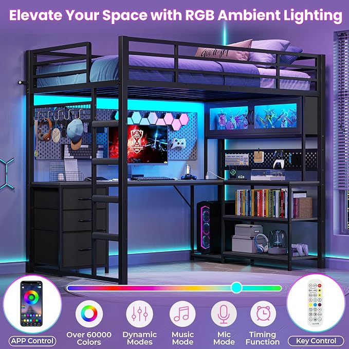 ADORNEVE Twin Size Loft Bed with Gaming Desk, RGB Hutch, Black