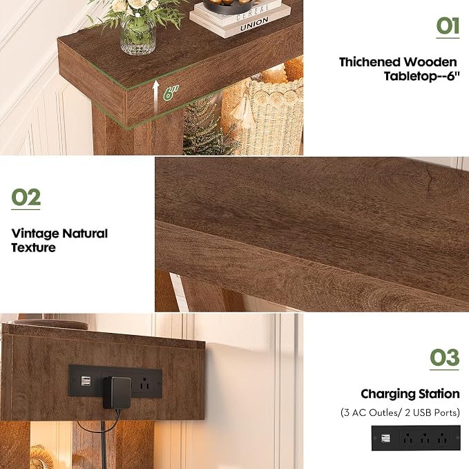 Unikito 32" Entry Table with Sensor Light and Power Outlets, Rustic Oak