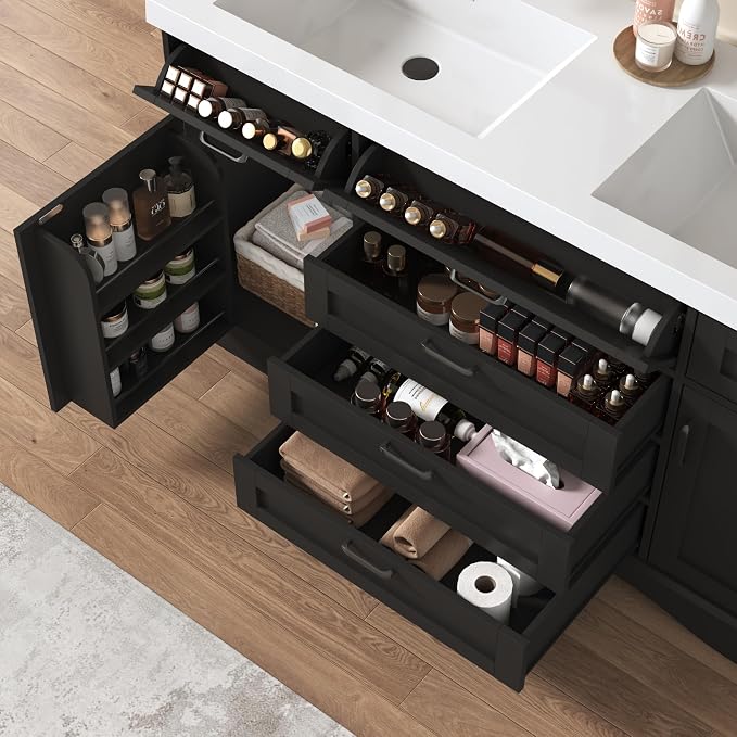 59" Bathroom Vanities Cabinet with Double Sink Combo,Modern Undermount Vanity Sink Cabinet with 2 Storage Doors and 3 Drawers,High Freestanding Bathroom Storage Cabinet with 3 Flip-top Drawers(Black)