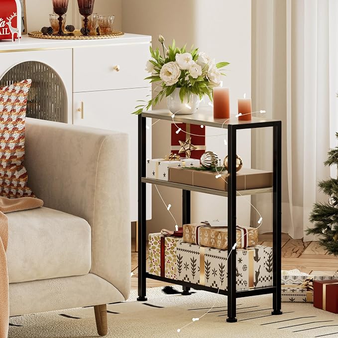 Narrow Side Table for Small Space, 2-Tier Small End Table with Shelf Holder, Slim Nightstand, Skinny Snack Couch Table in Living Room, Bedroom, Study, Kitchen and Balcony (Greige)