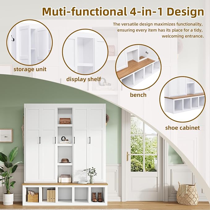 Merax Modern Farmhouse Hall Tree with Bench, 4-in-1 Entryway Storage Cabinet & Shoe Organizer with Hooks, White