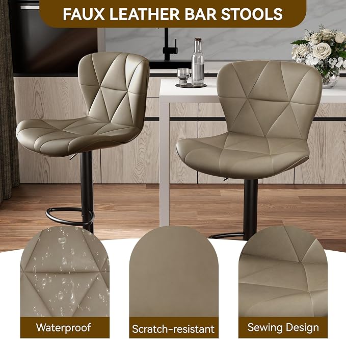 Nalupatio Modern Bar Stools Set of 4, Adjustable Faux Leather Upholstered Swivel Bar Stools, Counter Height Bar Chairs with Back for Kitchen Island, Dark Khaki