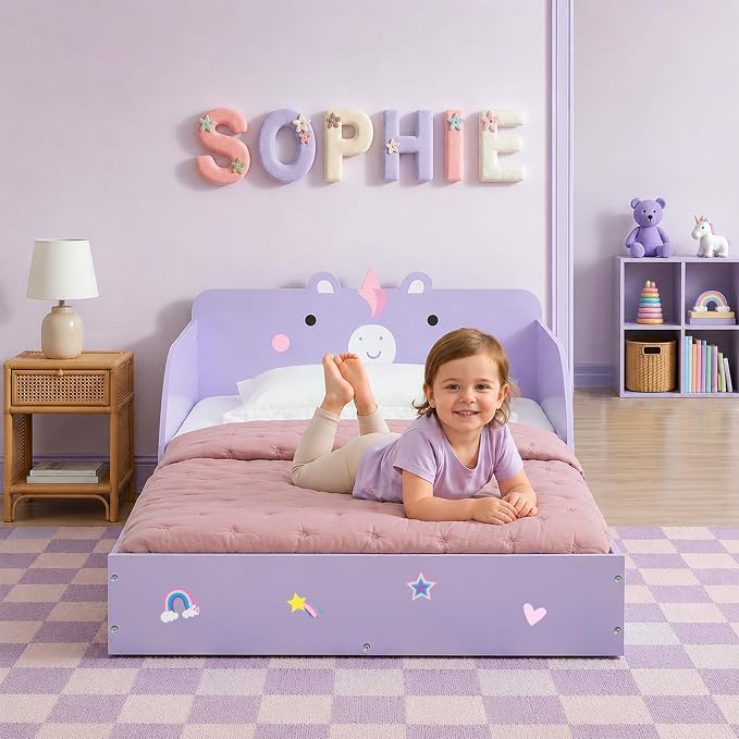 Delta Children Unicorn Wood Floor Toddler Bed with Reusable Stickers, Purple