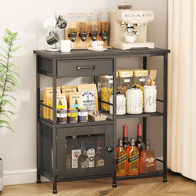 SWTYMIKI Coffee Bar Cabinet for Home - Farmhouse Coffee Stand Station Multi-Purpose Storage Cabinet with Adjustable Feet, Drawers - Kitchen Bar Table for Living Room, Corner, Small Space, Black