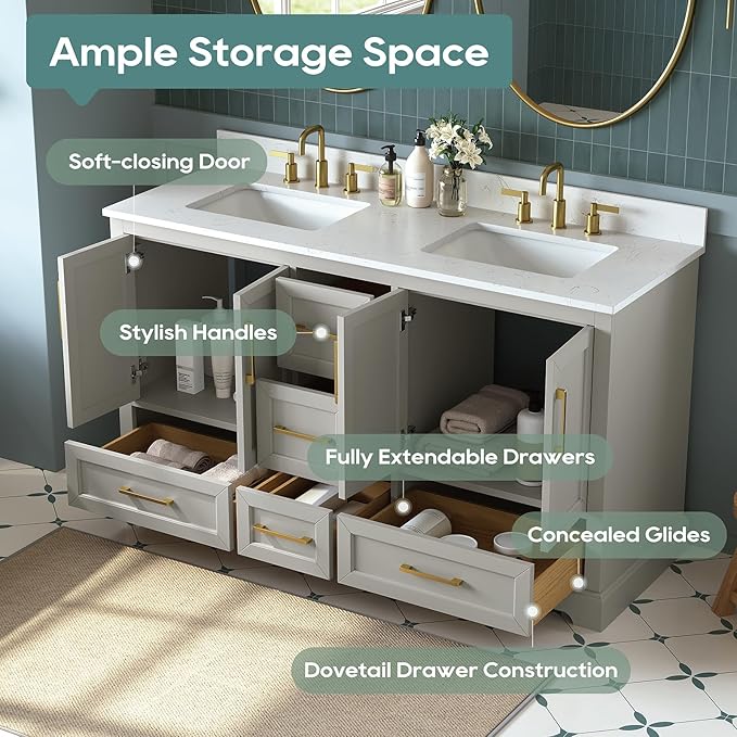 60 Inch Bathroom Vanity with Double Sink Combo, Greige | Solid Wood Frame with Marble Top & Backsplash, Fully-Assembled with 4 Soft-Closing Doors & 5 Dovetail Drawers