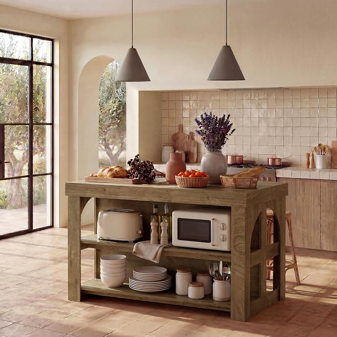 LITTLE TREE Kitchen Island with Storage, 55-Inch Large Stationary Center Island with Seating Space & 3 Shelves, Farmhouse Wooden Bar Table for Kitchen, Rustic Brown