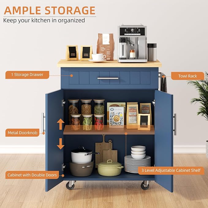 Shintenchi Kitchen Island cart with Storage, Portable Bar Cabinet on Wheels, Rolling Microwave Cart Side Table with Workstation for Kitchen, Dinning Room, Blue