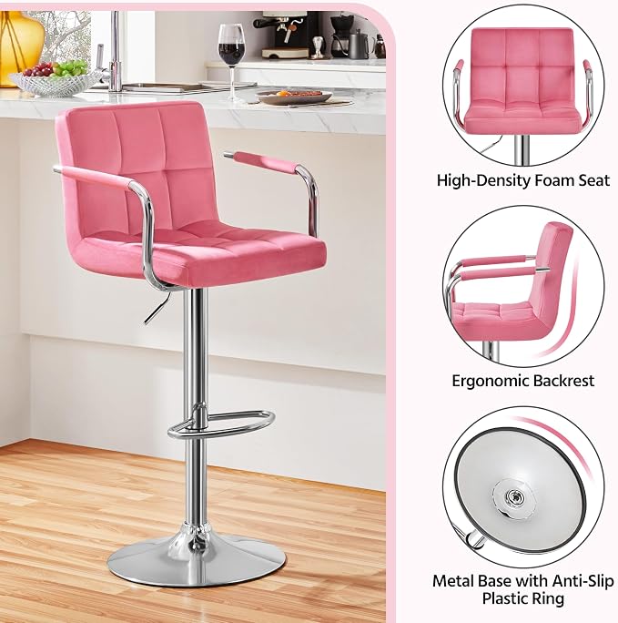 Yaheetech Bar Stools Set of 4, Swivel with Backs, Adjustable Height, Pink