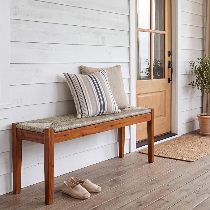 46-Inch Acacia Wood Bench with Natural Seagrass Woven Seat, Indoor Bench