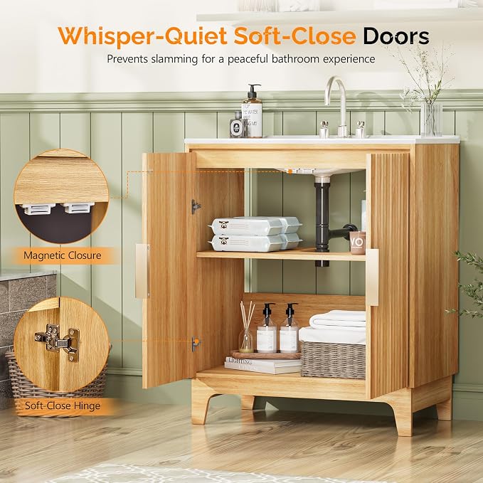 VINGLI 30 Inch Bathroom Vanity with Sink, Mid Century Modern Freestanding Cabinet with Ceramic Top, Fluted Soft-Close Doors & U-Shape Storage for Small Bathroom, Natural Oak